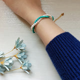Freshwater Pearl Turquoise Crystal Gold Chain Double Bracelet  Handmade Jewelry | HeartfullNet
