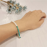 Freshwater Pearls Turquoise Crystal Silver Chain Double Bracelet Handcrafted Jewelry | HeartfullNet